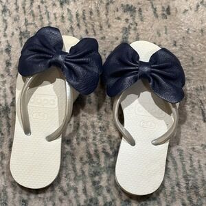 Girls Custom Leather Blue Bow Flip Flips Size25/6
